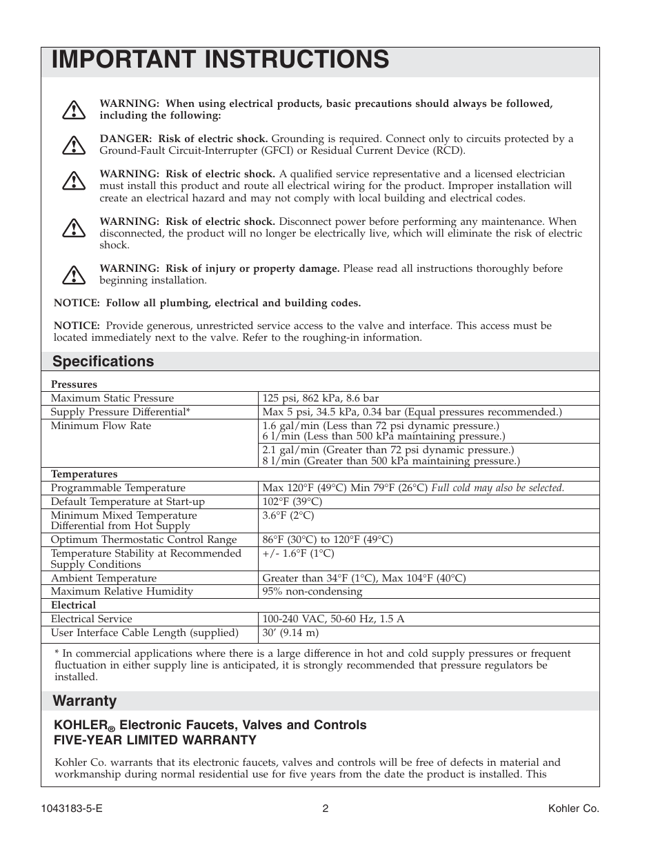 Important instructions, Specifications, Warranty | Kohler Six-Port Thermostatic Valve 1043183-5-D User Manual | Page 2 / 20