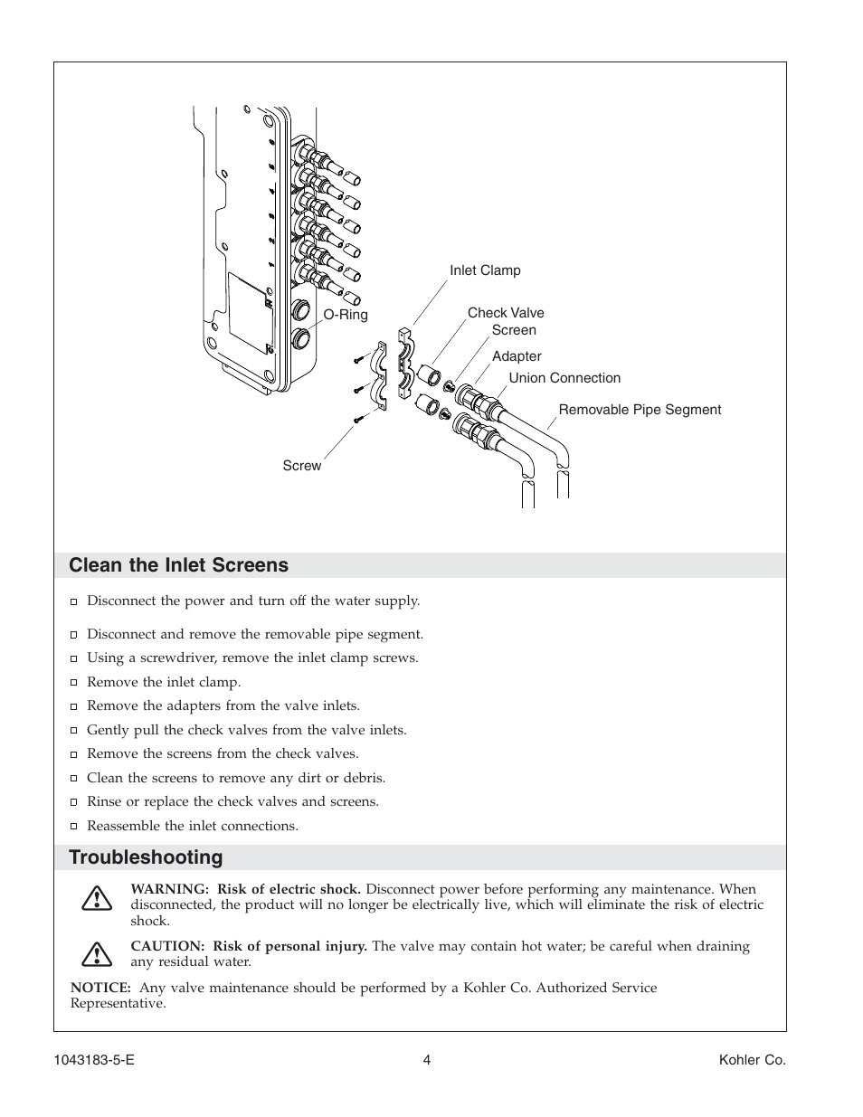 Clean the inlet screens, Troubleshooting | Kohler Six-Port Thermostatic Valve 1043183-5-D User Manual | Page 4 / 20