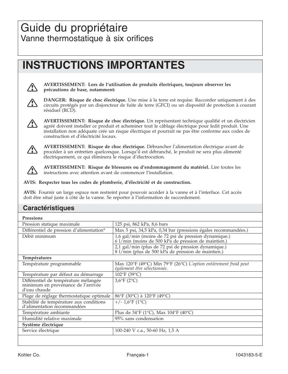 Guide du propriétaire, Instructions importantes, Vanne thermostatique à six orifices | Caractéristiques | Kohler Six-Port Thermostatic Valve 1043183-5-D User Manual | Page 7 / 20