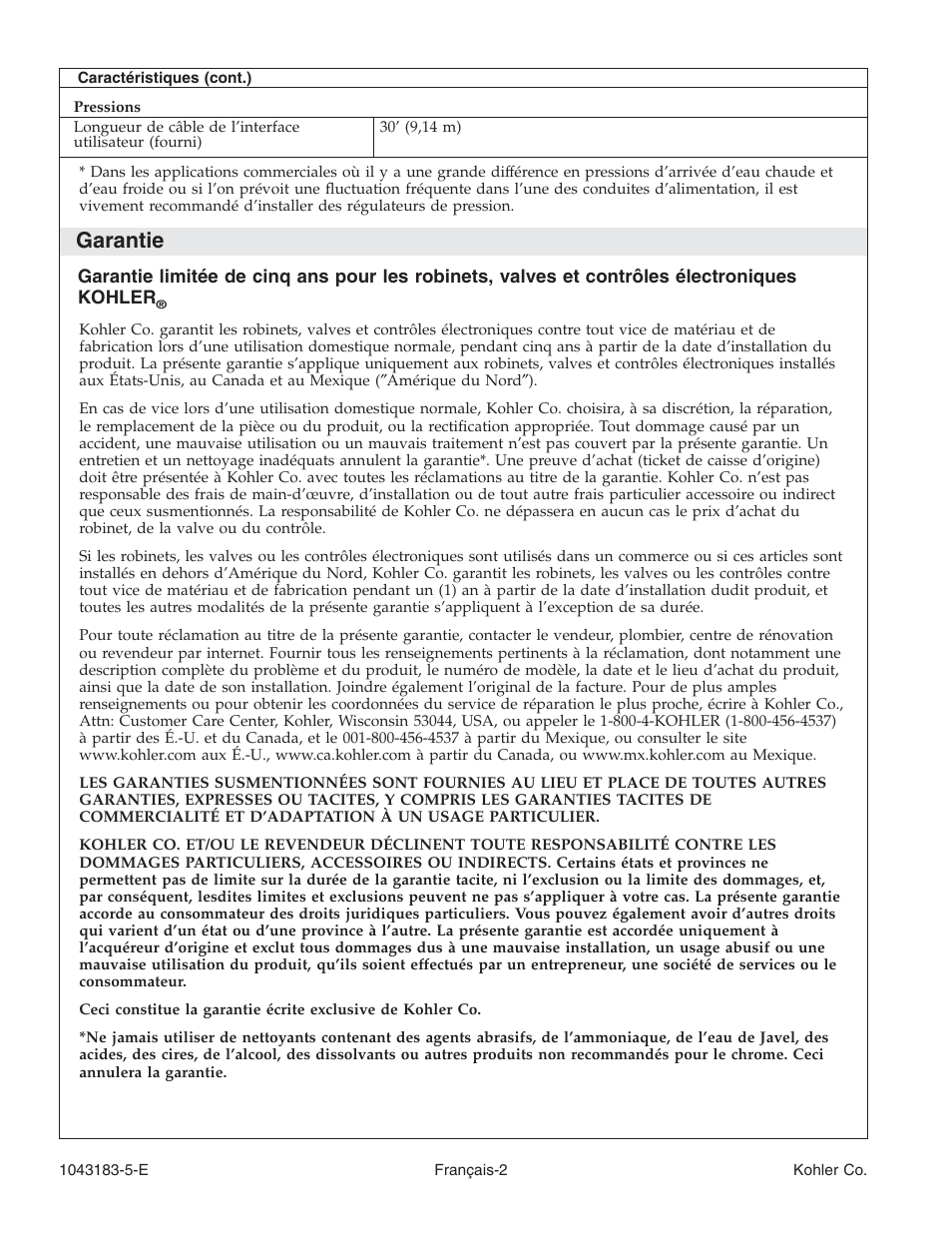 Garantie | Kohler Six-Port Thermostatic Valve 1043183-5-D User Manual | Page 8 / 20