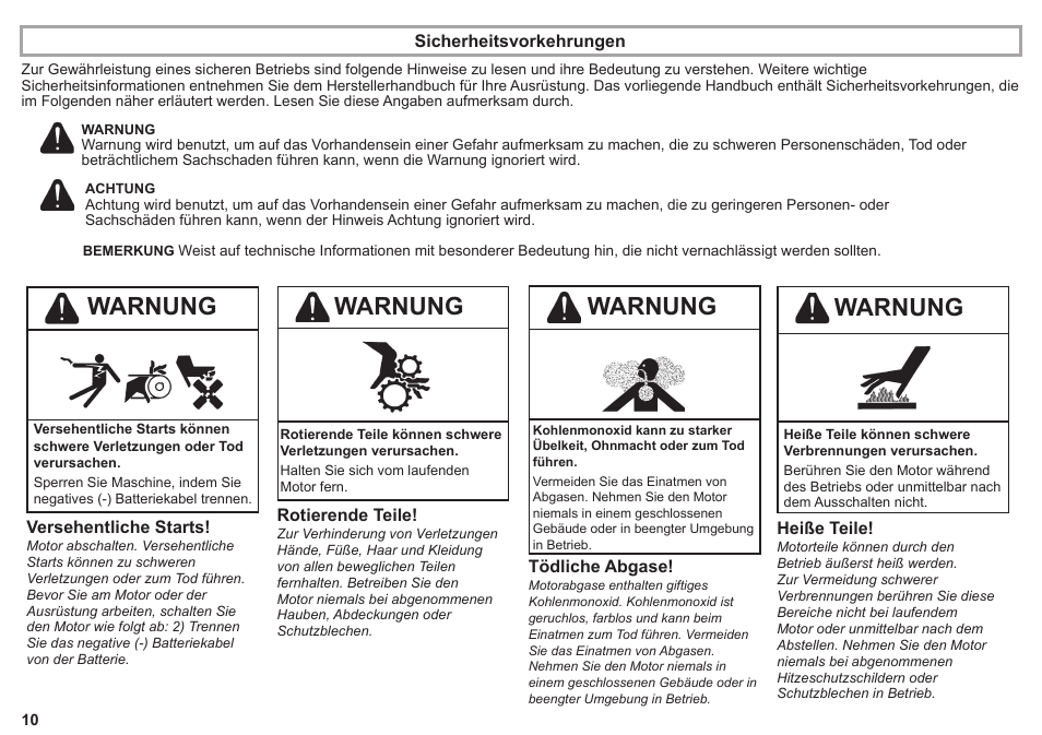 Warnung | Kohler KD425-2 User Manual | Page 10 / 136