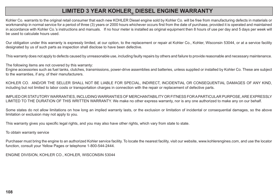 Limited 3 year kohler, Diesel engine warranty | Kohler KD425-2 User Manual | Page 108 / 136