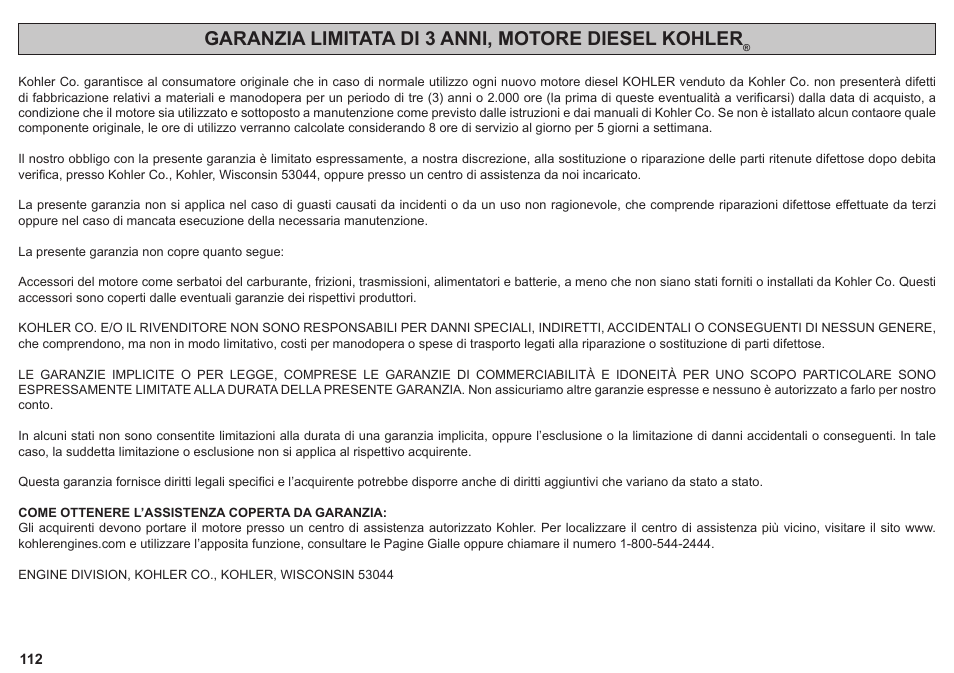 Garanzia limitata di 3 anni, motore diesel kohler | Kohler KD425-2 User Manual | Page 112 / 136