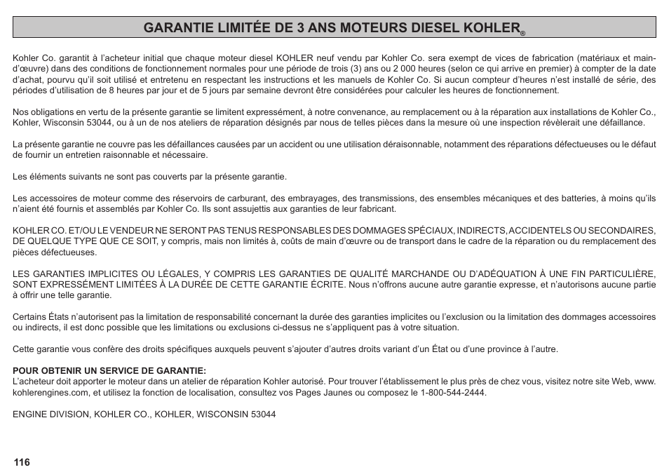 Garantie limitée de 3 ans moteurs diesel kohler | Kohler KD425-2 User Manual | Page 116 / 136