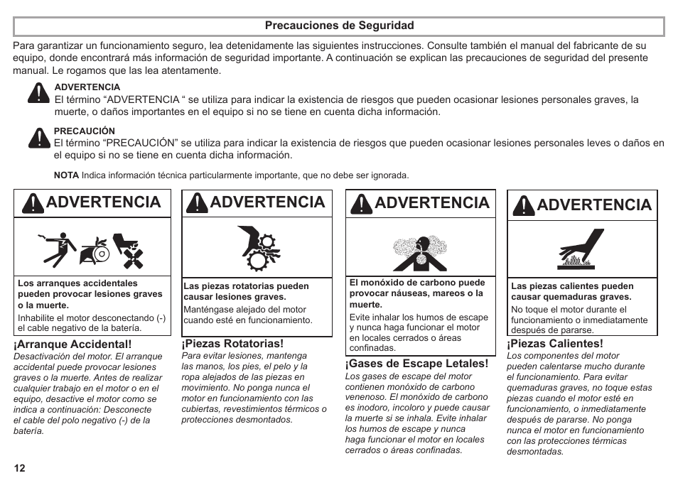 Advertencia | Kohler KD425-2 User Manual | Page 12 / 136