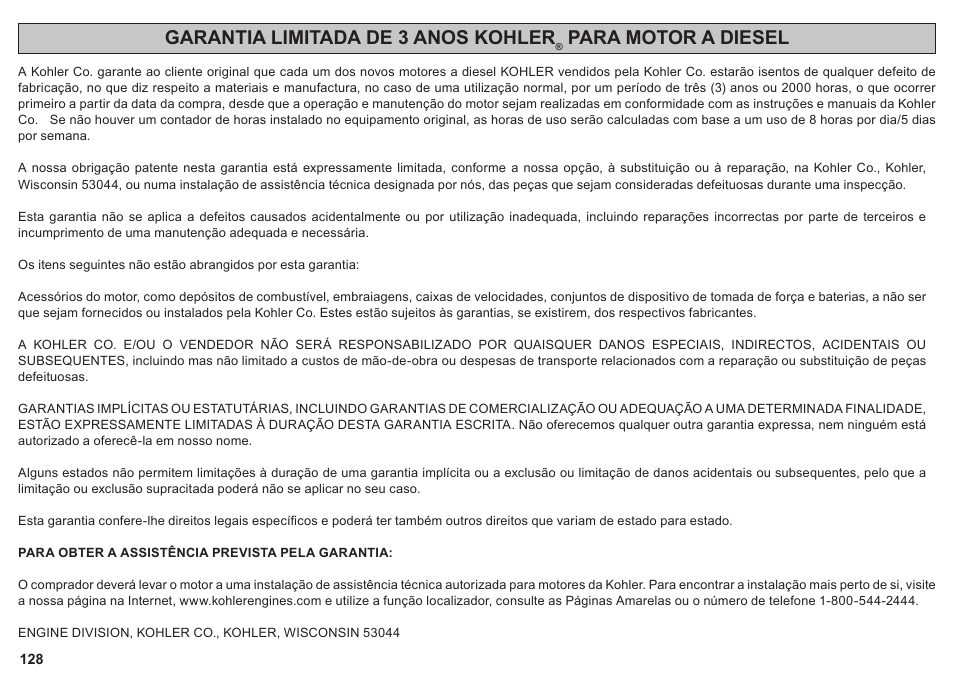 Garantia limitada de 3 anos kohler, Para motor a diesel | Kohler KD425-2 User Manual | Page 128 / 136