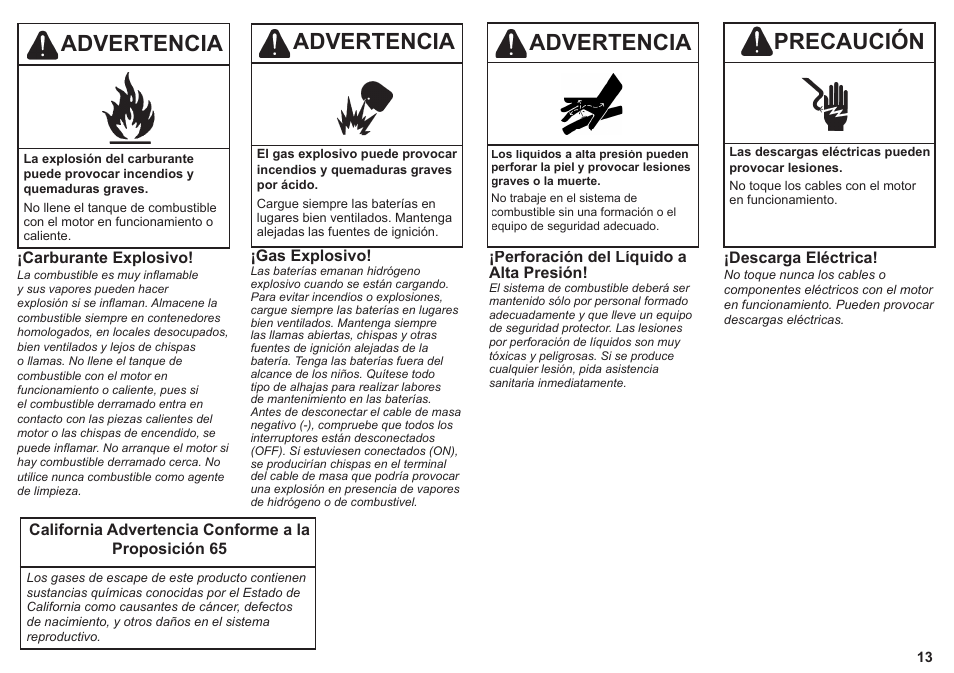 Precaución, Advertencia | Kohler KD425-2 User Manual | Page 13 / 136