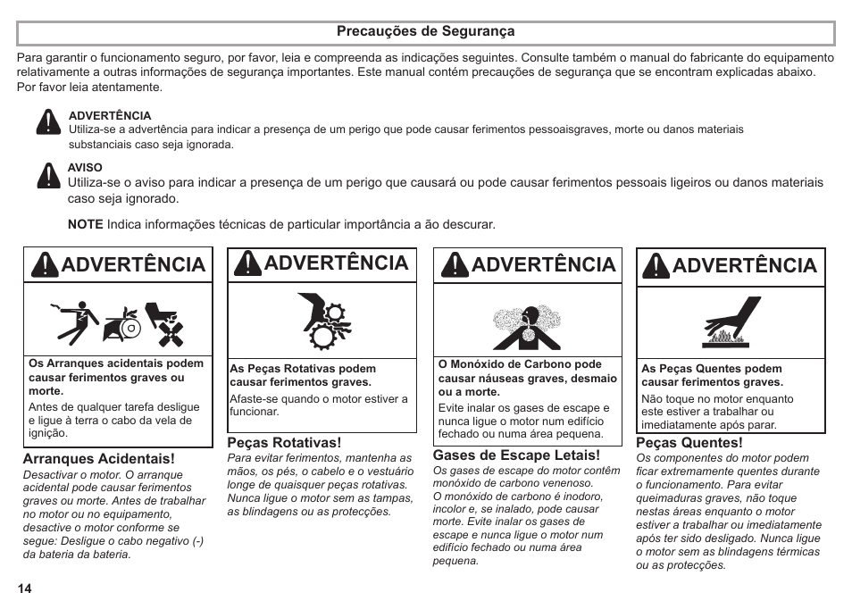 Advertência | Kohler KD425-2 User Manual | Page 14 / 136