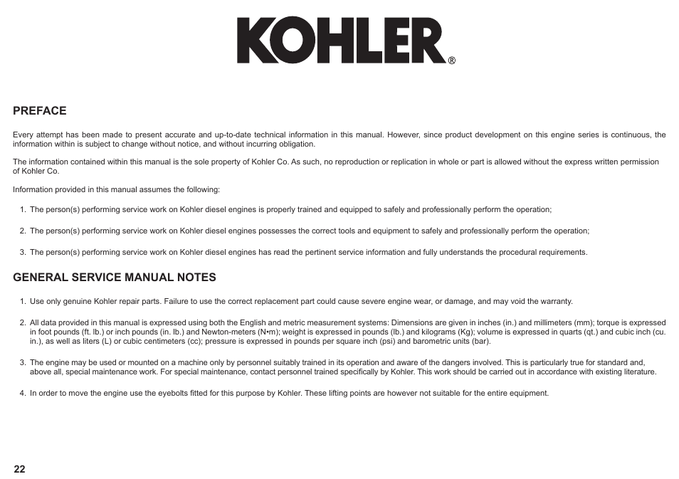 Preface | Kohler KD425-2 User Manual | Page 22 / 136