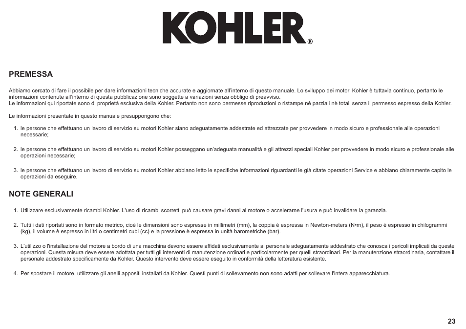 Premessa | Kohler KD425-2 User Manual | Page 23 / 136