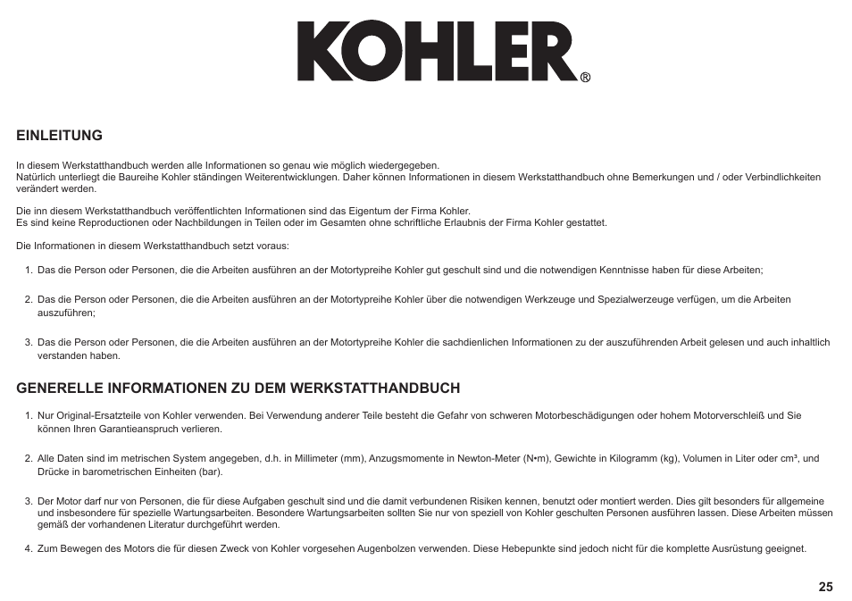 Einleitung, Generelle informationen zu dem werkstatthandbuch | Kohler KD425-2 User Manual | Page 25 / 136