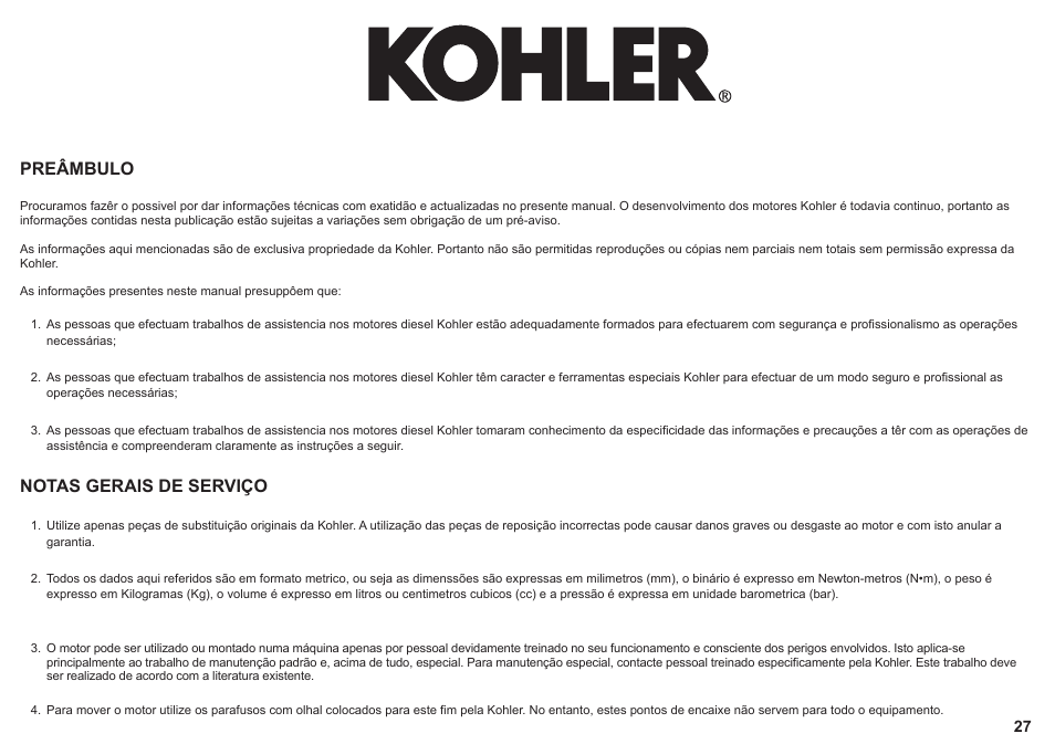 Preâmbulo, Notas gerais de serviço | Kohler KD425-2 User Manual | Page 27 / 136