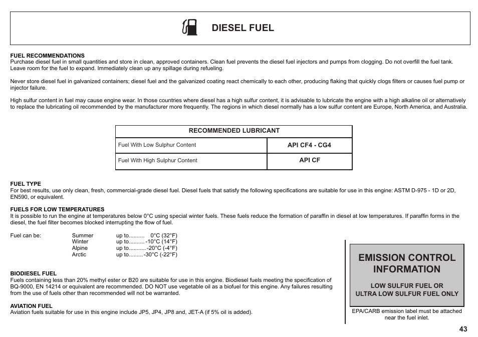 Diesel fuel, Emission control information | Kohler KD425-2 User Manual | Page 43 / 136