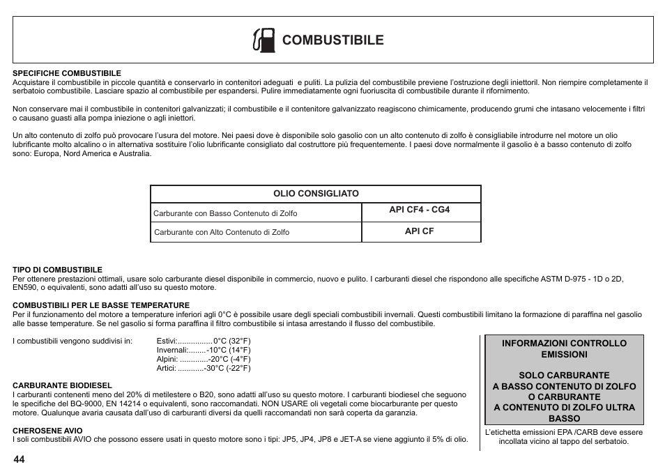 Combustibile | Kohler KD425-2 User Manual | Page 44 / 136