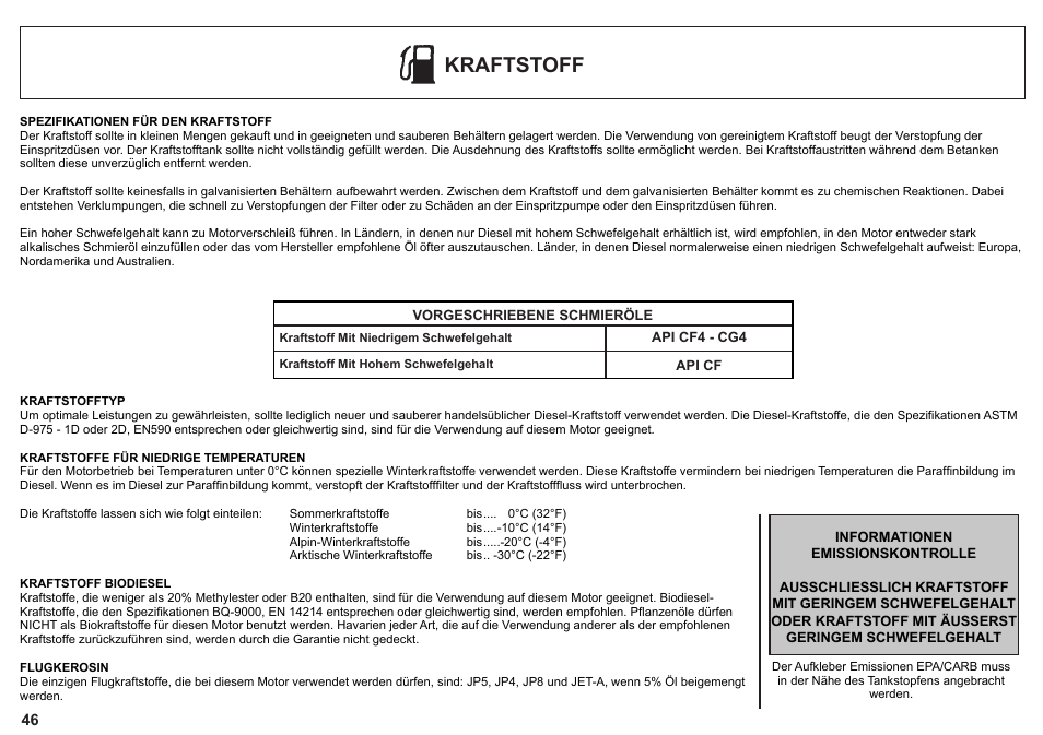 Kraftstoff | Kohler KD425-2 User Manual | Page 46 / 136