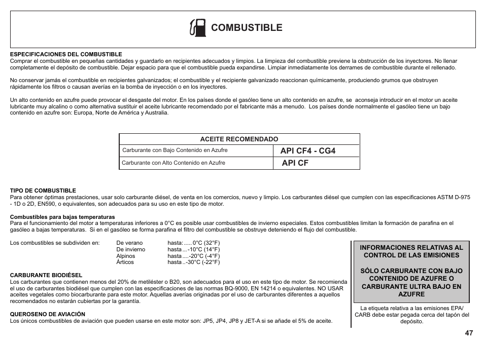 Combustible, Api cf, Api cf4 - cg4 | Kohler KD425-2 User Manual | Page 47 / 136