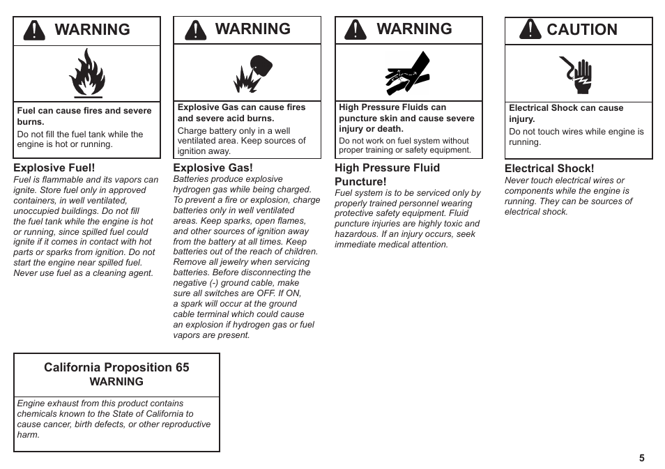 Caution, Warning, California proposition 65 | Kohler KD425-2 User Manual | Page 5 / 136