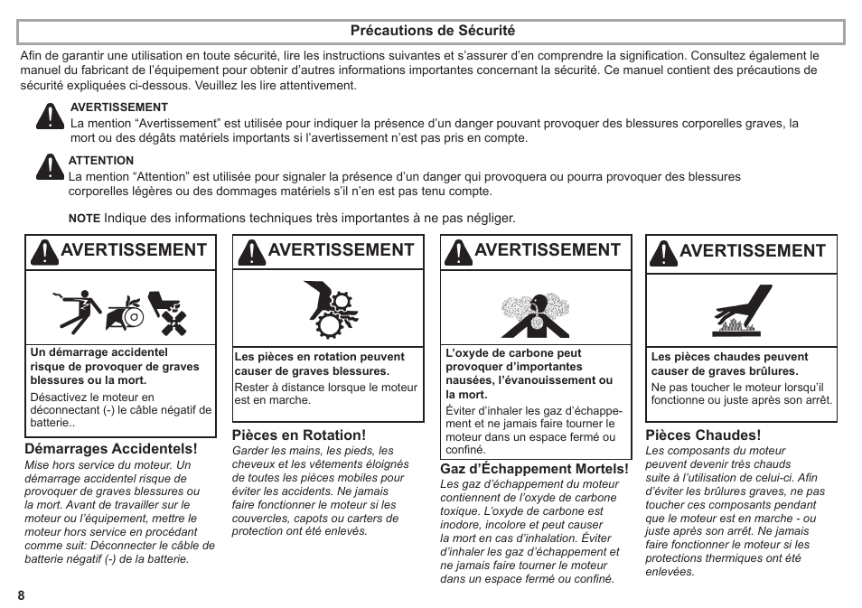 Avertissement | Kohler KD425-2 User Manual | Page 8 / 136