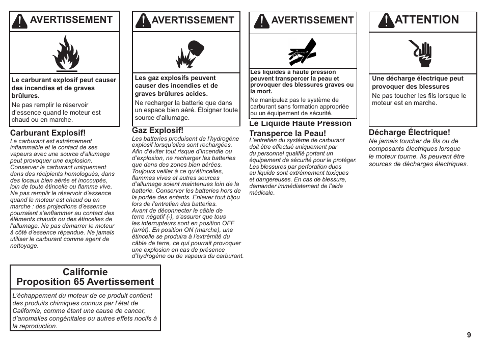 Attention, Californie proposition 65 avertissement, Avertissement | Kohler KD425-2 User Manual | Page 9 / 136