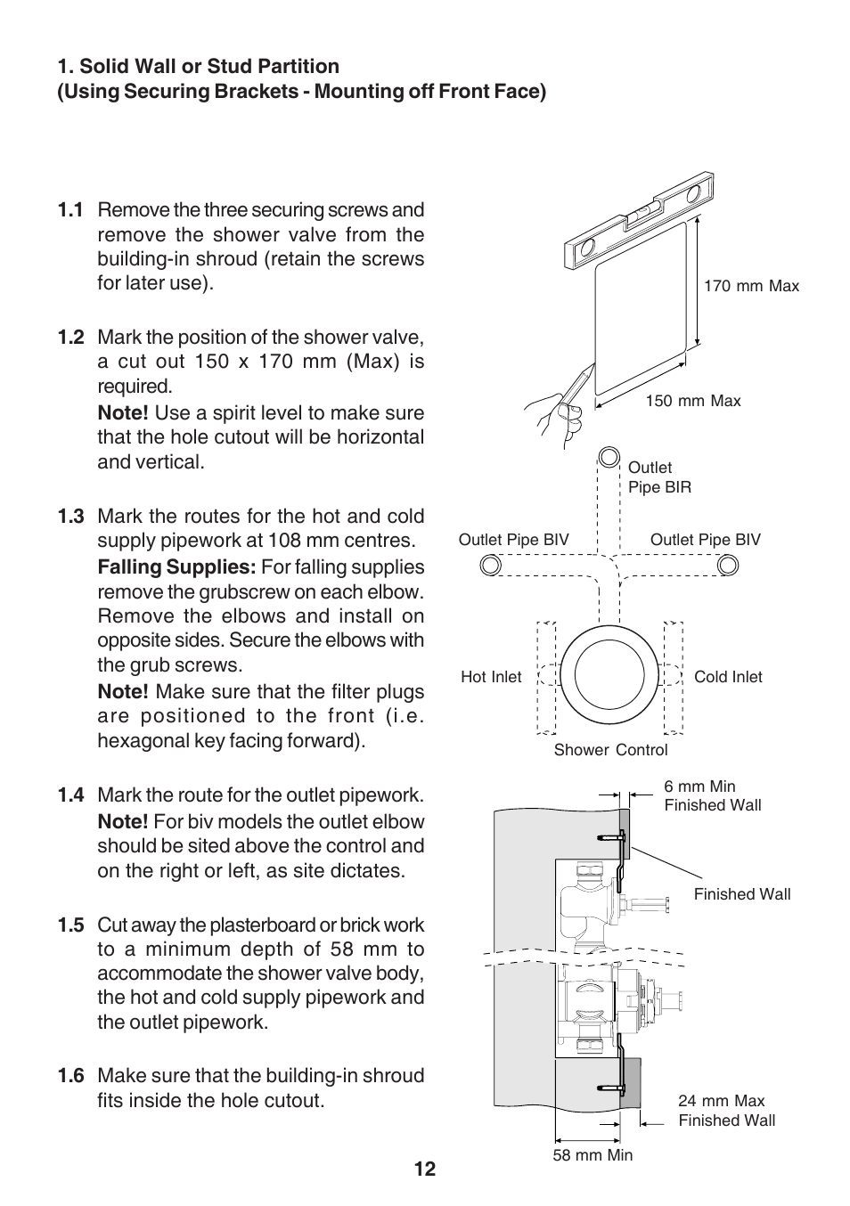 Solid wall or stud partition, Using securing brackets - mounting off front face) | Kohler Discovery User Manual | Page 12 / 28