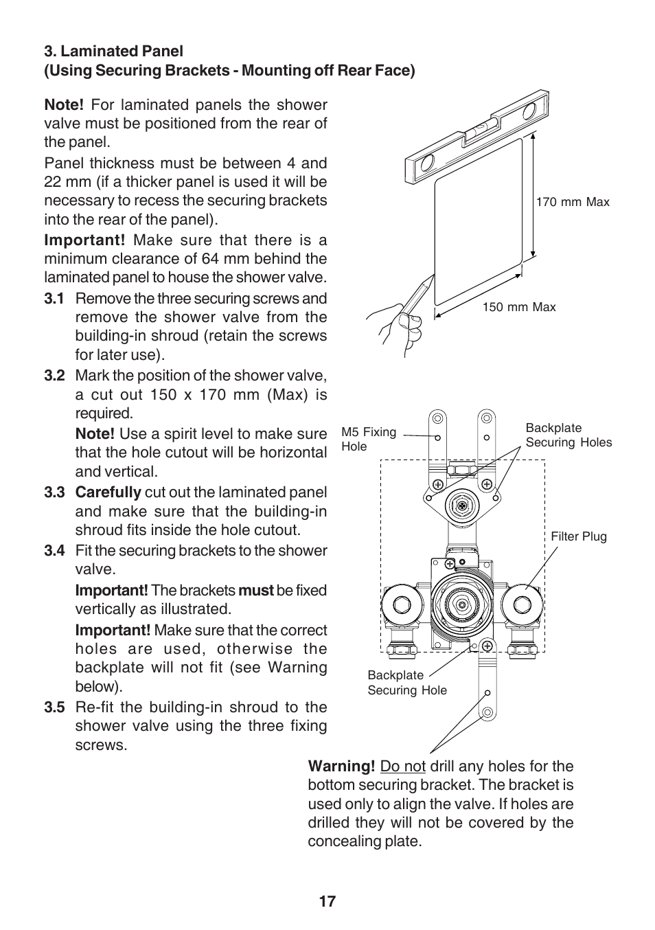 Laminated panel, Using securing brackets - mounting off rear face) | Kohler Discovery User Manual | Page 17 / 28