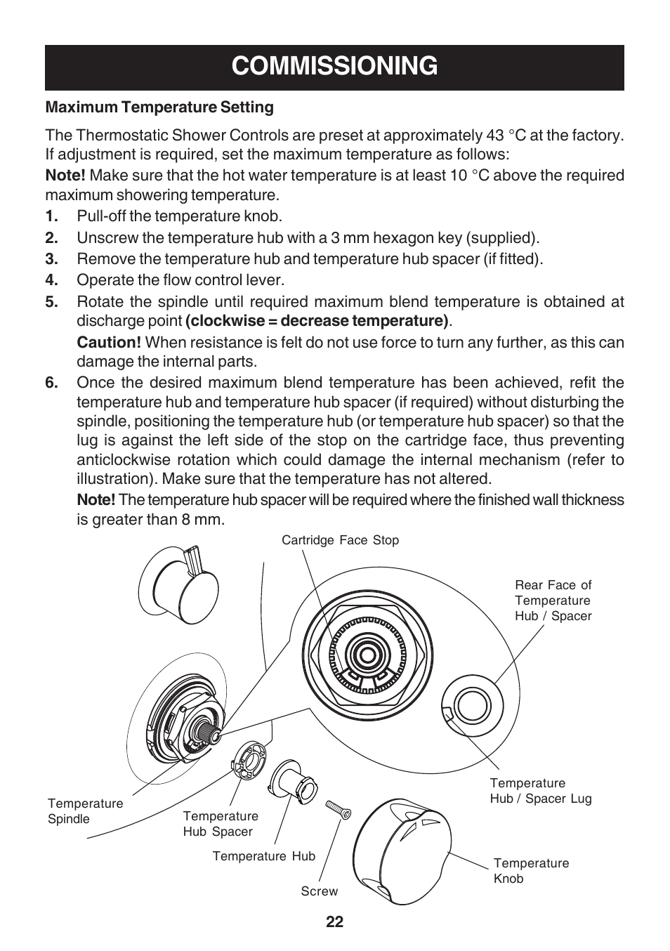 Commissioning, Maximum temperature setting | Kohler Discovery User Manual | Page 22 / 28