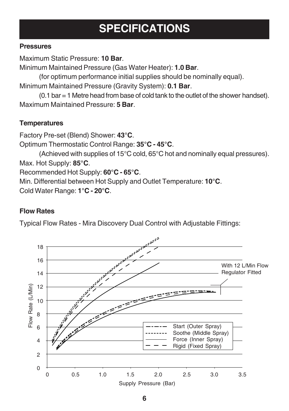 Specifications, Pressures, Temperatures | Flow rates, Pressures temperatures flow rates | Kohler Discovery User Manual | Page 6 / 28