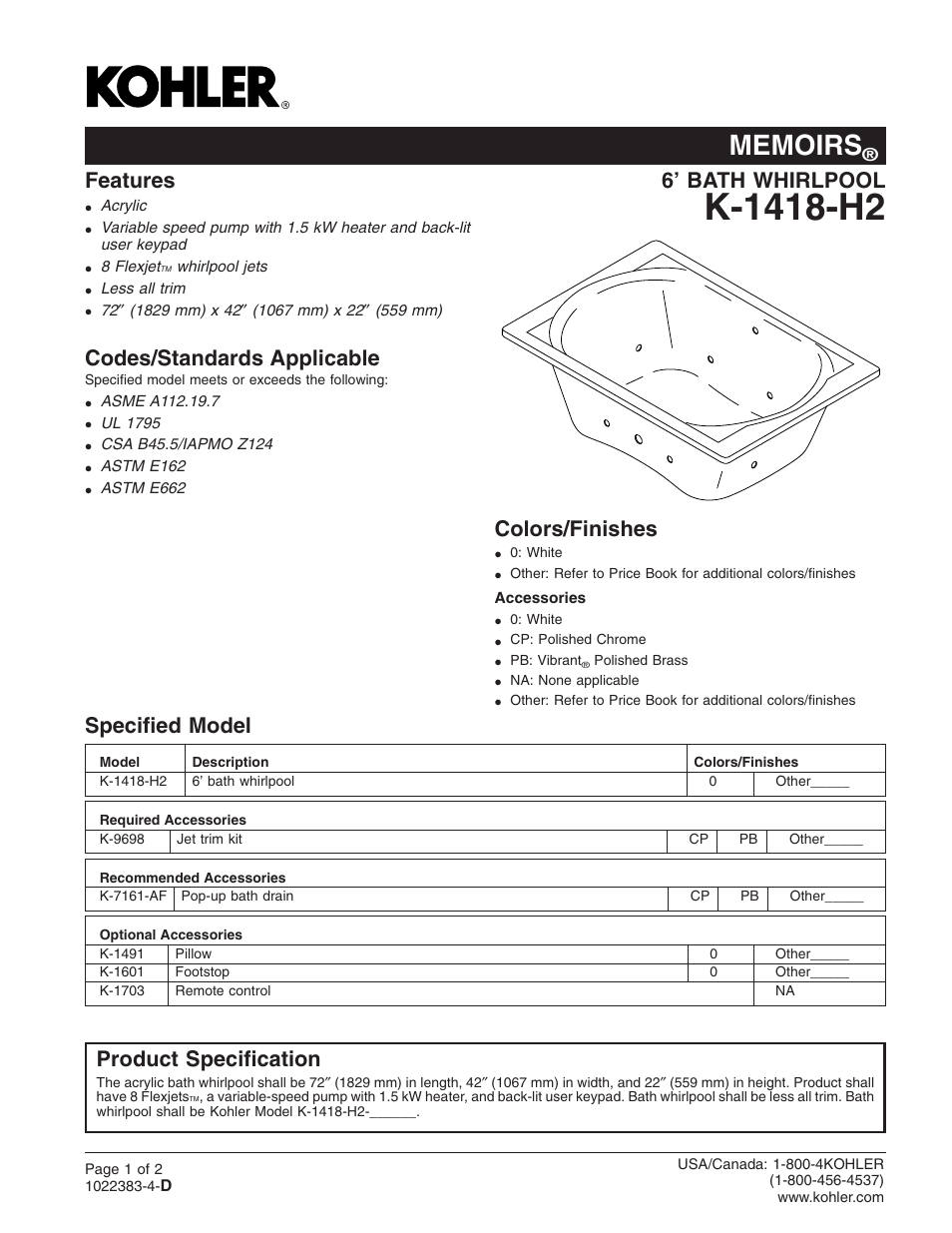 Kohler 6" Bath Whirpool K-1418-H2 User Manual | 2 pages
