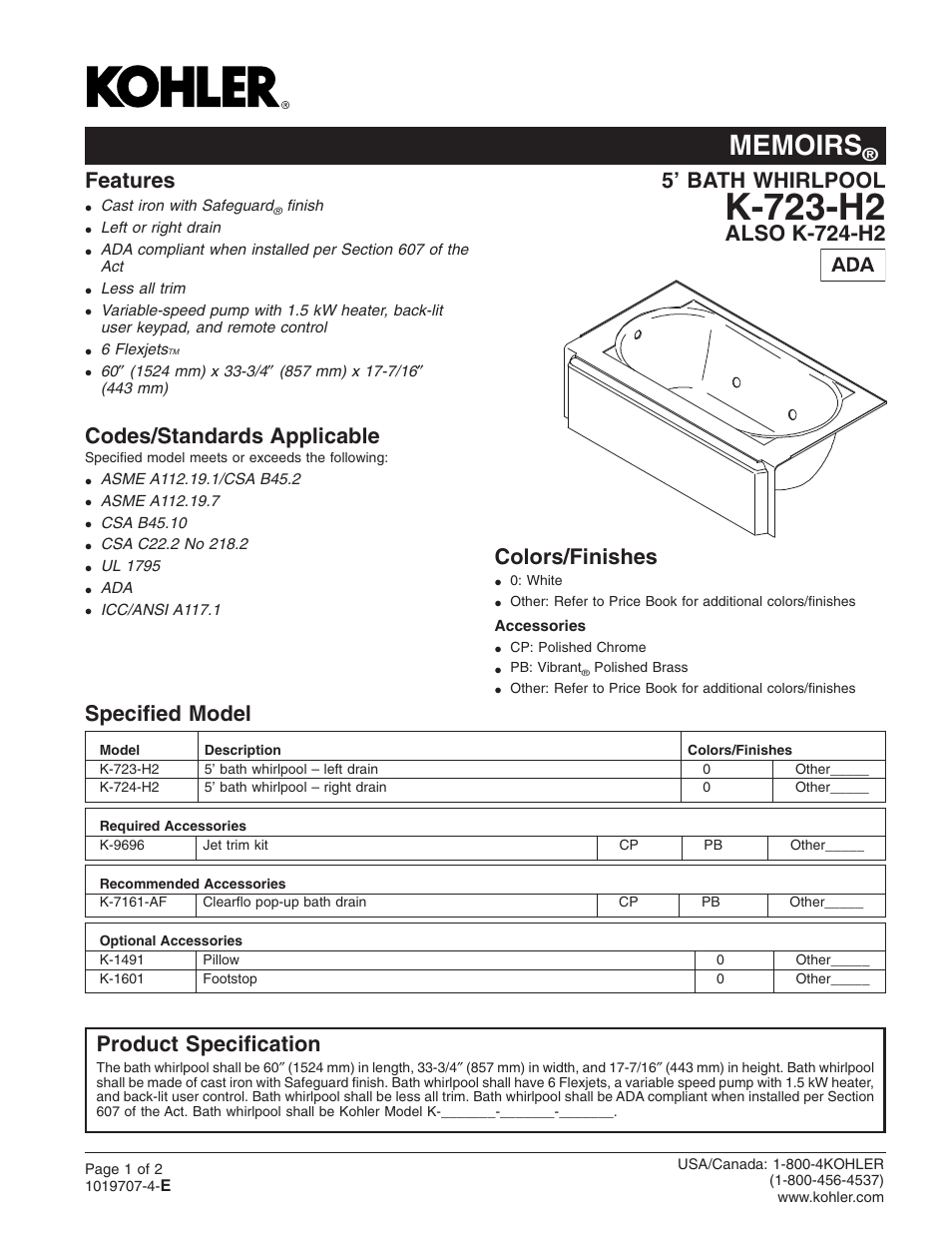 Kohler memoirs K-723-H2 User Manual | 2 pages