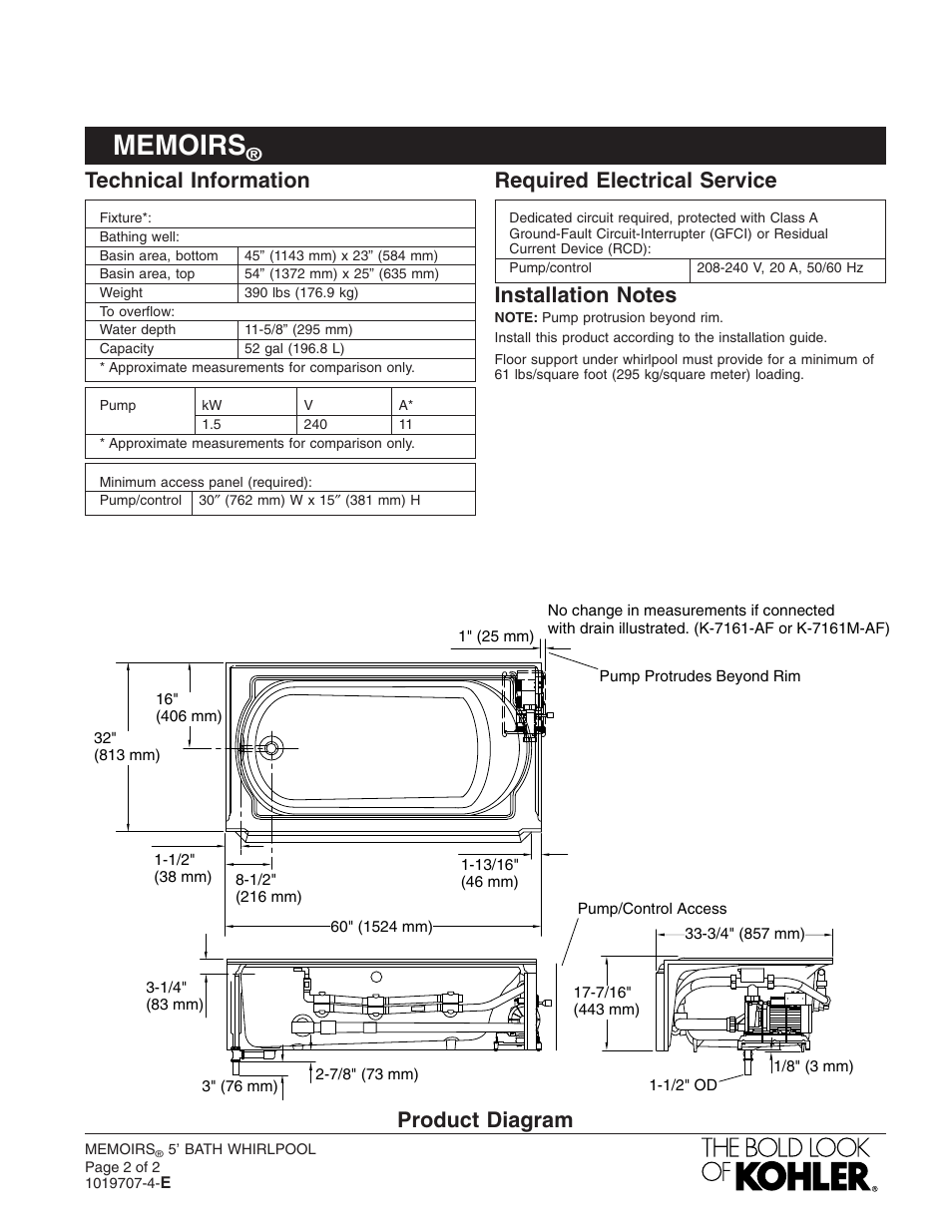 Technical information, Required electrical service, Product diagram | Kohler memoirs K-723-H2 User Manual | Page 2 / 2