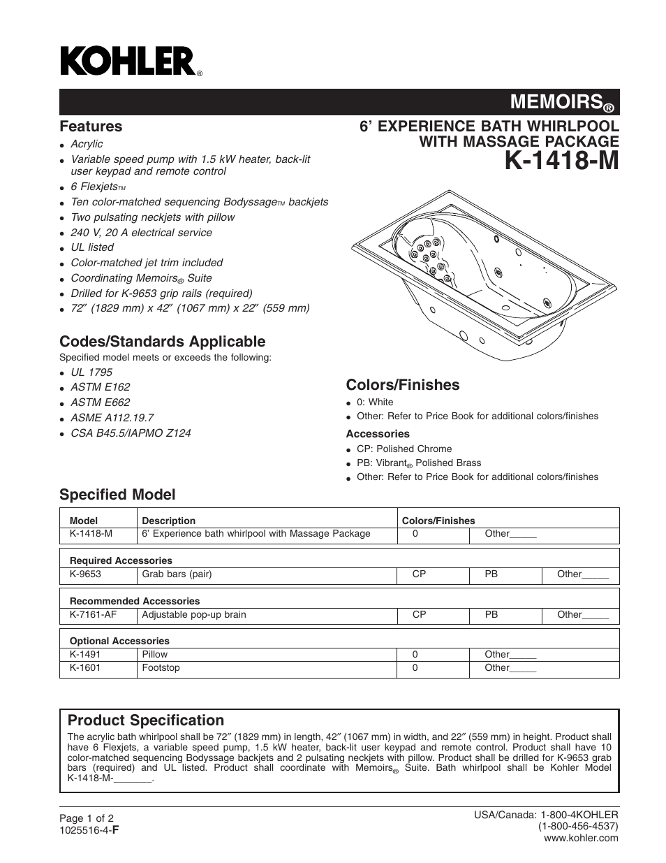 Kohler 6' Experience Bath Whirpool K-1418-M User Manual | 2 pages