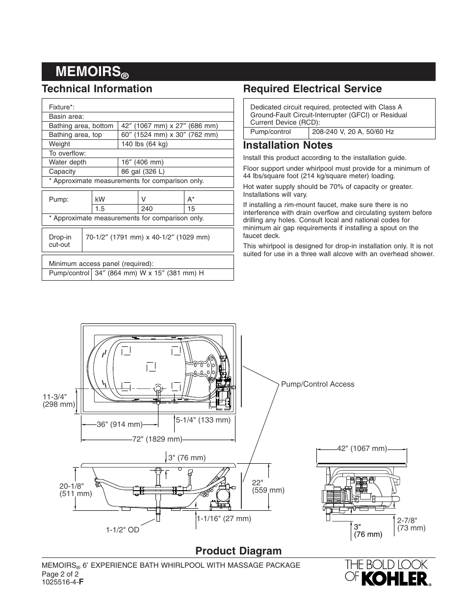 Technical information, Required electrical service, Product diagram | Kohler 6' Experience Bath Whirpool K-1418-M User Manual | Page 2 / 2