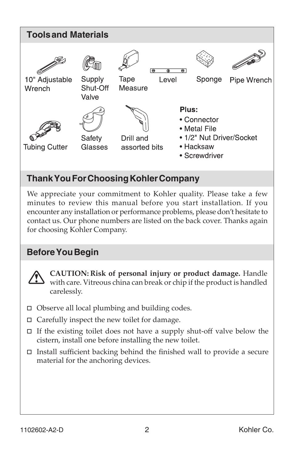 Kohler Dual-Flush	Toilet 1102602-A2-D User Manual | Page 2 / 12