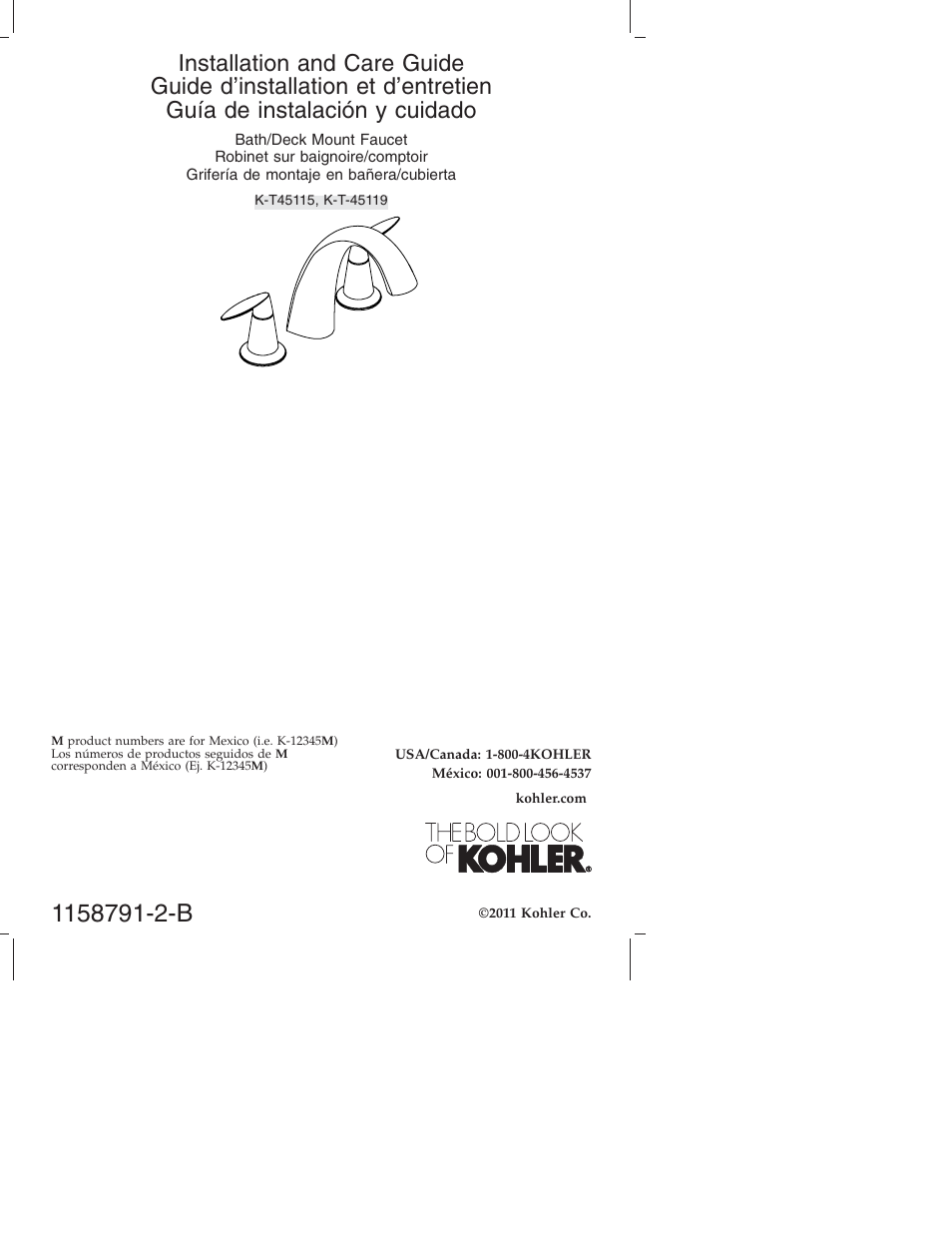 Kohler Bath Deck Mount Faucet K-T 45115 User Manual | 20 pages