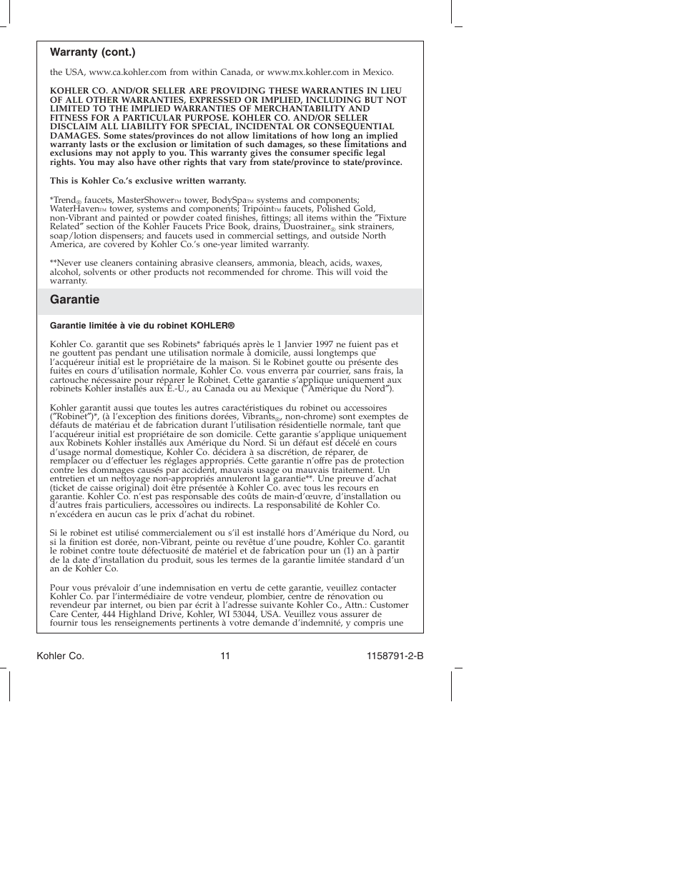Garantie | Kohler Bath Deck Mount Faucet K-T 45115 User Manual | Page 11 / 20