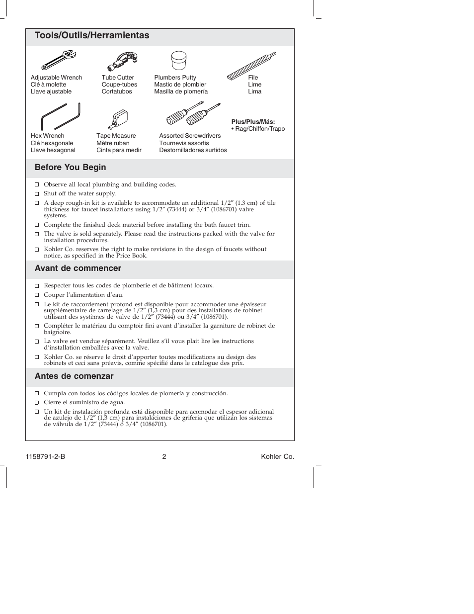 Tools/outils/herramientas, Before you begin, Avant de commencer | Antes de comenzar | Kohler Bath Deck Mount Faucet K-T 45115 User Manual | Page 2 / 20