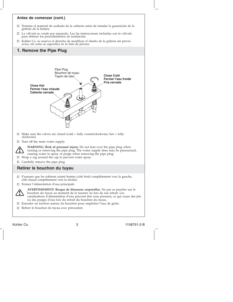 Remove the pipe plug, Retirer le bouchon du tuyau | Kohler Bath Deck Mount Faucet K-T 45115 User Manual | Page 3 / 20