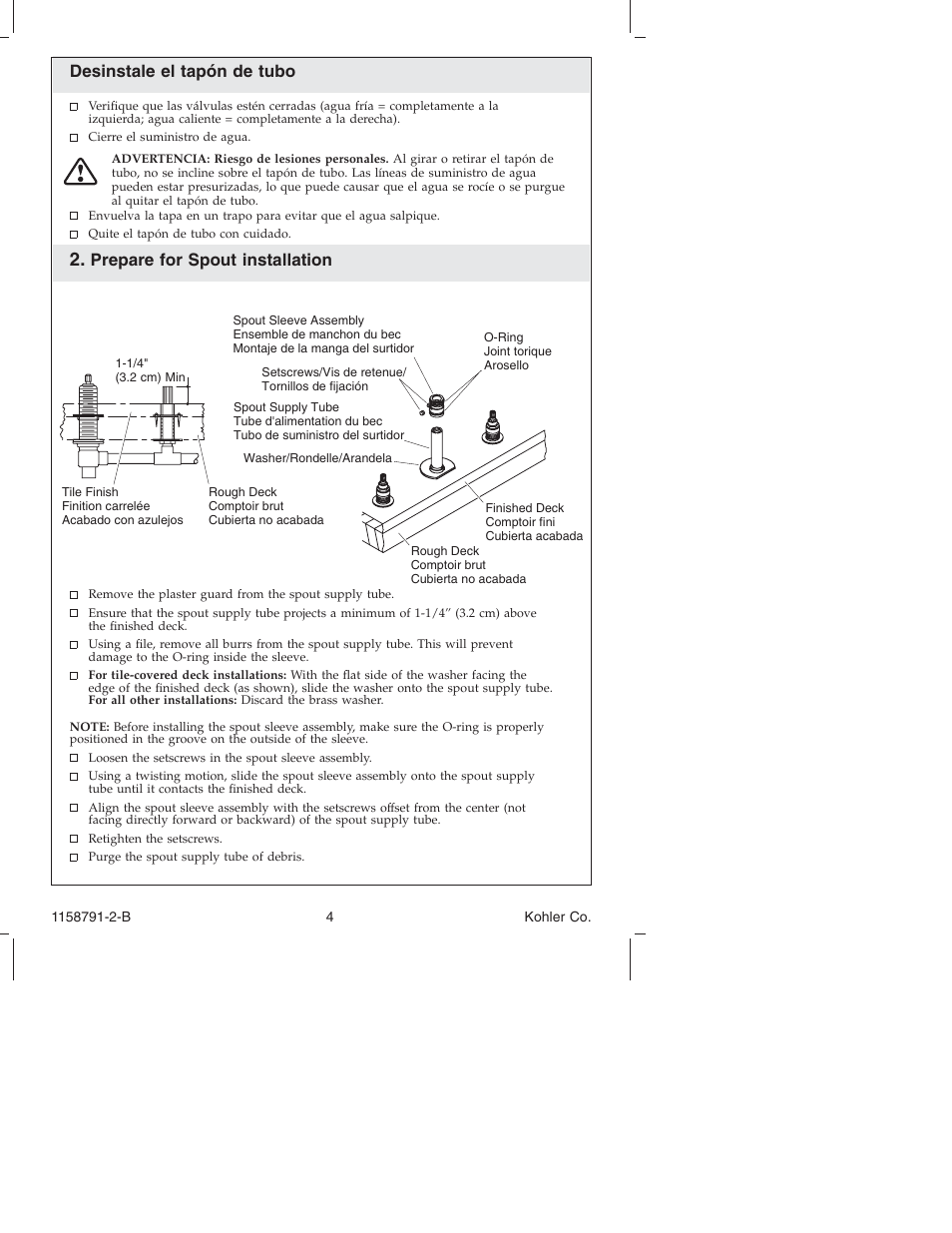 Desinstale el tapón de tubo, Prepare for spout installation | Kohler Bath Deck Mount Faucet K-T 45115 User Manual | Page 4 / 20