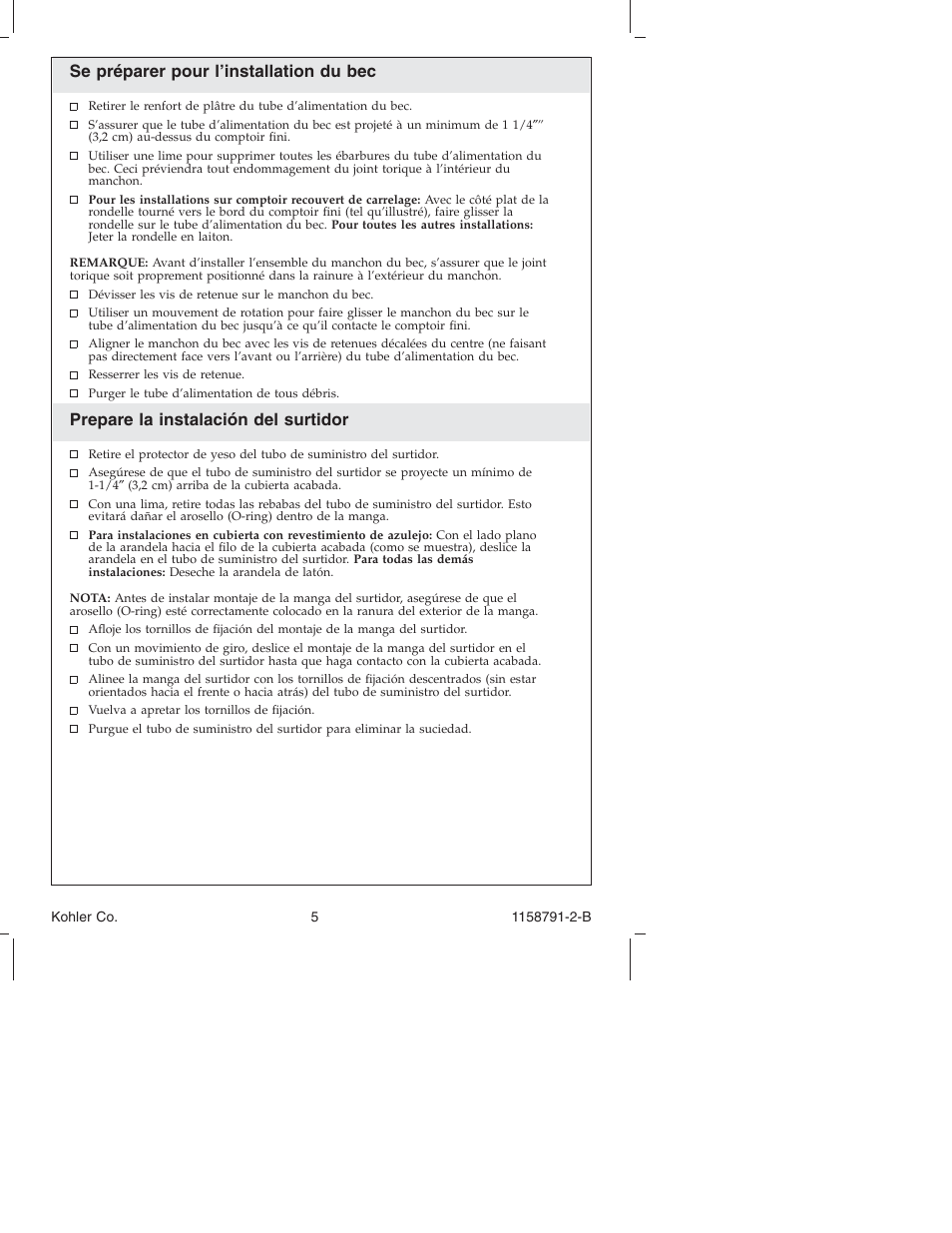 Se préparer pour l’installation du bec, Prepare la instalación del surtidor | Kohler Bath Deck Mount Faucet K-T 45115 User Manual | Page 5 / 20