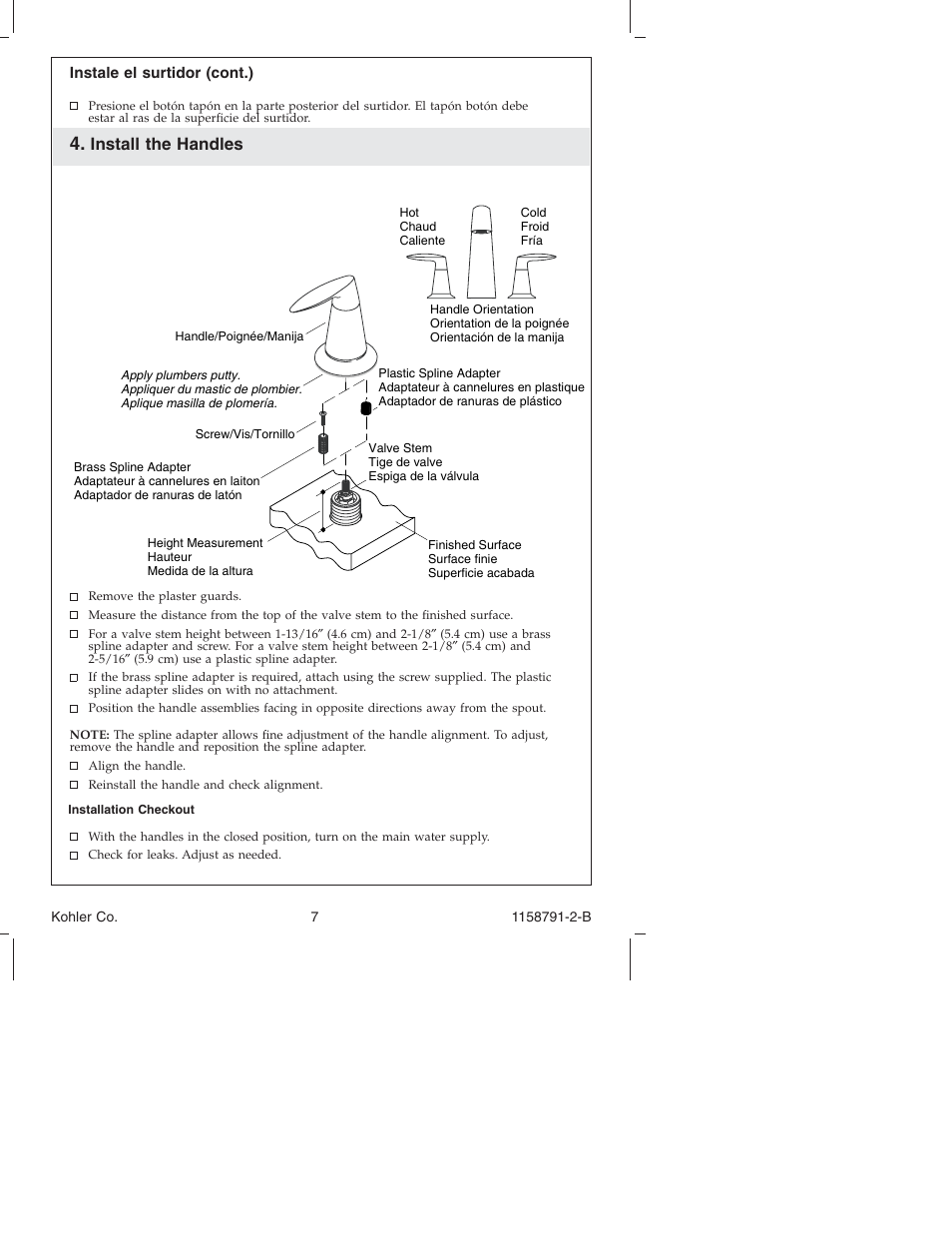 Install the handles | Kohler Bath Deck Mount Faucet K-T 45115 User Manual | Page 7 / 20