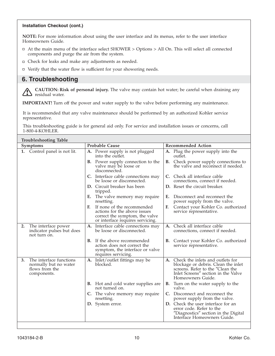 Troubleshooting | Kohler Digital Interface K-684 User Manual | Page 10 / 36