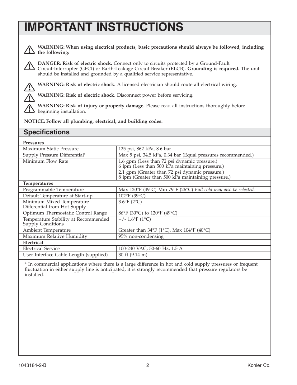 Important instructions, Specifications | Kohler Digital Interface K-684 User Manual | Page 2 / 36