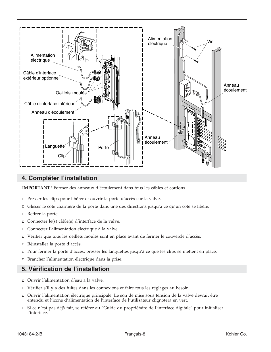Compléter l’installation, Vérification de l’installation | Kohler Digital Interface K-684 User Manual | Page 20 / 36