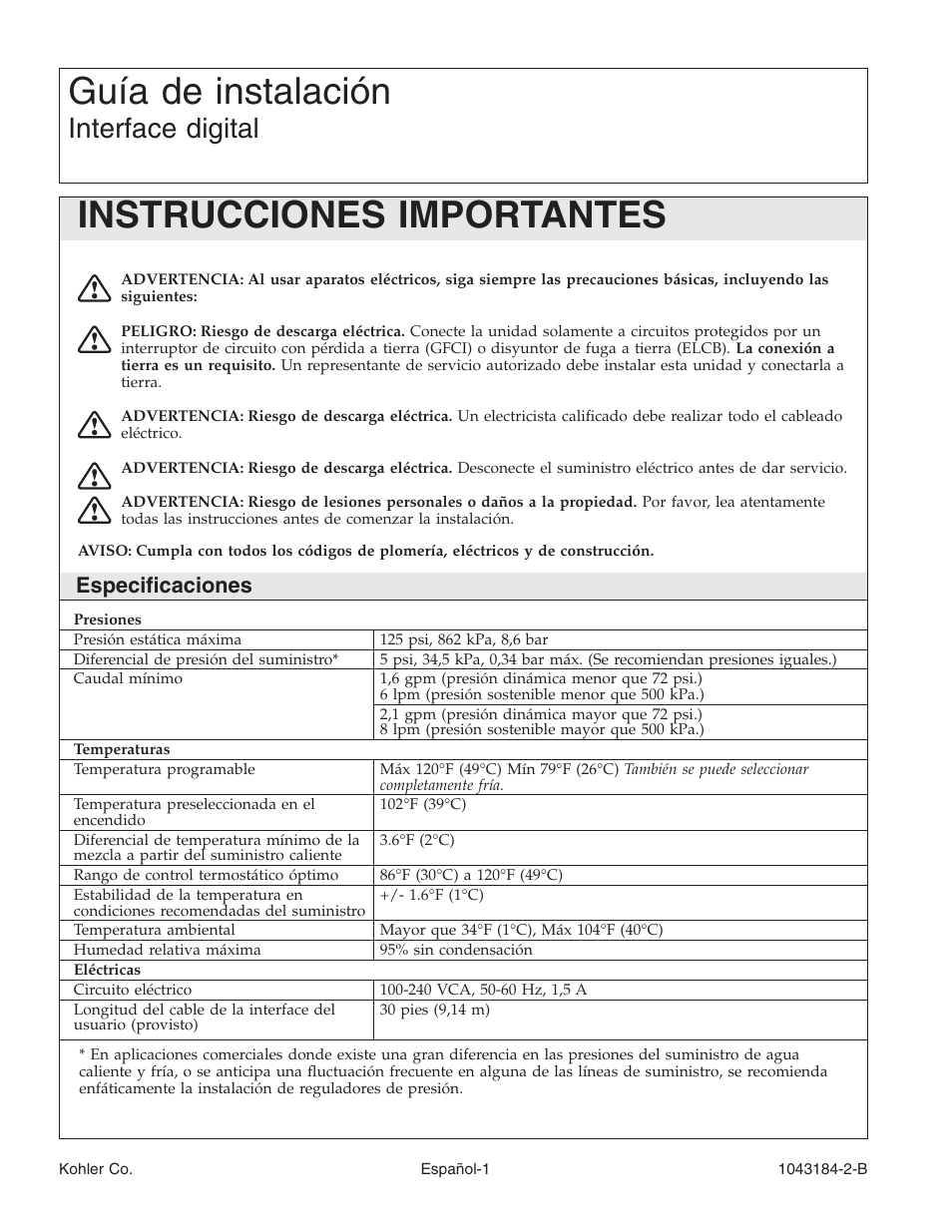 Guía de instalación, Instrucciones importantes, Interface digital | Especificaciones | Kohler Digital Interface K-684 User Manual | Page 24 / 36