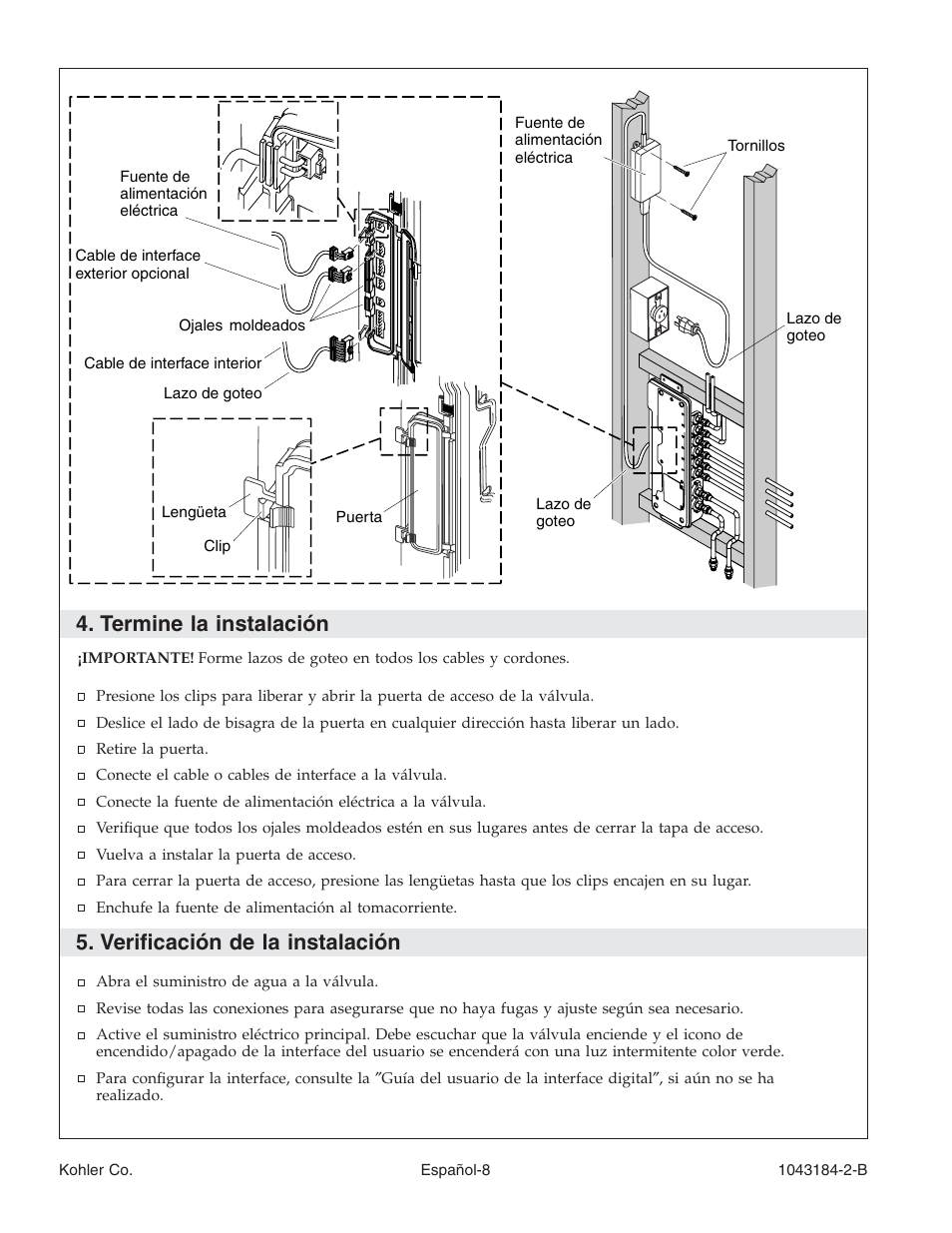 Termine la instalación, Verificación de la instalación | Kohler Digital Interface K-684 User Manual | Page 31 / 36