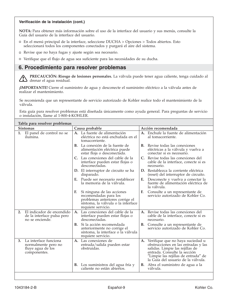 Procedimiento para resolver problemas | Kohler Digital Interface K-684 User Manual | Page 32 / 36