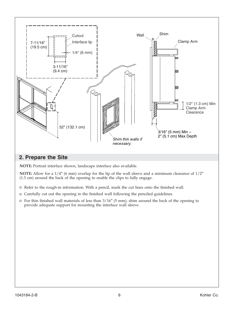 Prepare the site | Kohler Digital Interface K-684 User Manual | Page 6 / 36