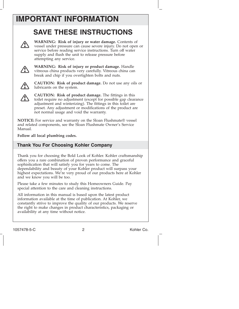 Important information, Save these instructions | Kohler K-3393 User Manual | Page 2 / 76