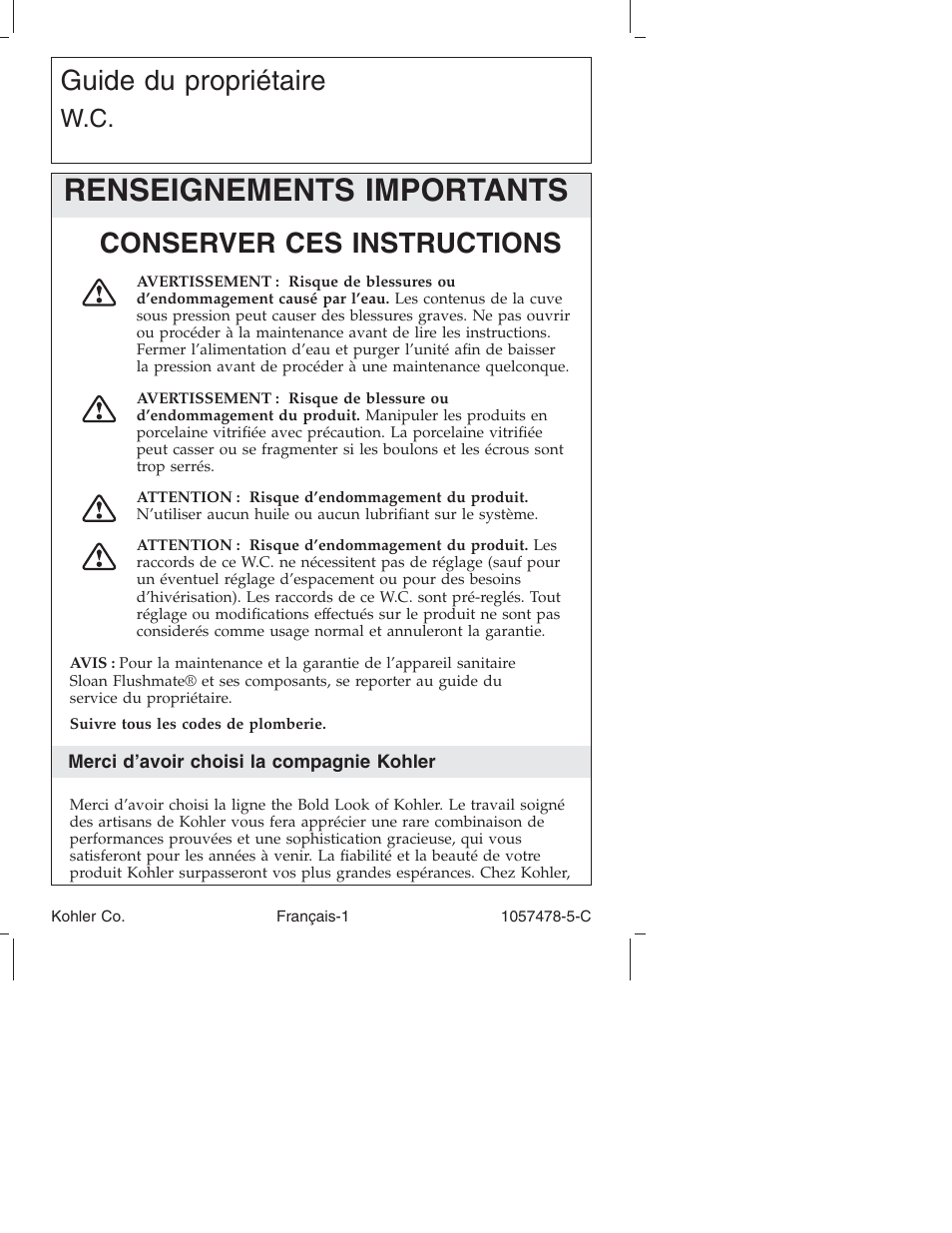 Renseignements importants, Guide du propriétaire, Conserver ces instructions | Kohler K-3393 User Manual | Page 25 / 76
