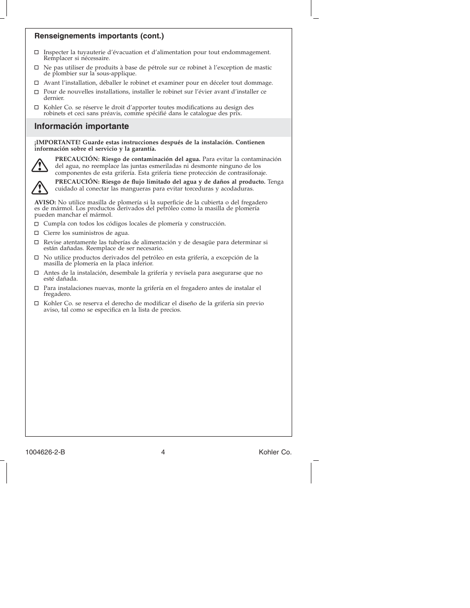 Información importante | Kohler Kitchen Sink Facet K-12177 User Manual | Page 4 / 20